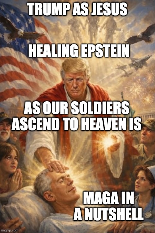 Relieve of him of his sins (and yours), Donald! | healing epstein; trump as Jesus; as our soldiers ascend to heaven is; maga in a nutshell | image tagged in donald trump as jesus with jeffrey epstein,donald trump,jeffrey epstein,trump unfit unqualified dangerous,impeach trump | made w/ Imgflip meme maker