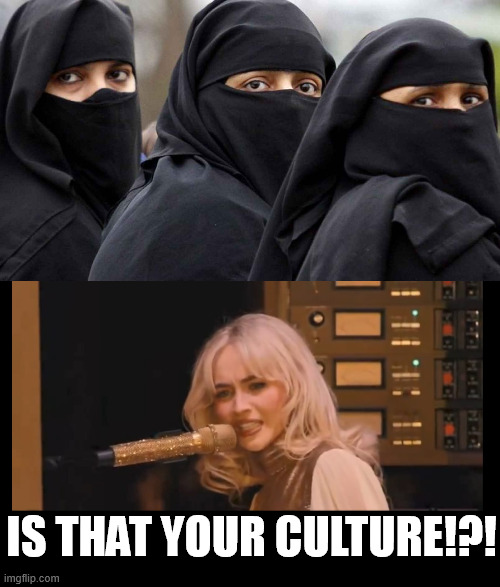 Yodelay hee-hoo! | Is that your culture!?! | image tagged in islamic women,sabrina mad,sabrina carpenter,womens rights,funny,memes | made w/ Imgflip meme maker