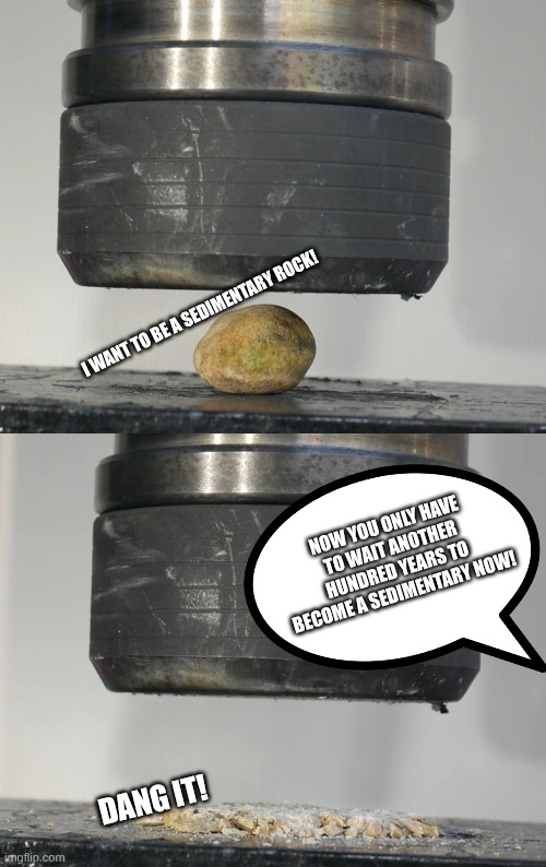 Life of a Rock | I want to be a sedimentary rock! Now you only have to wait another hundred years to become a sedimentary now! Dang it! | image tagged in rock,how i feel | made w/ Imgflip meme maker