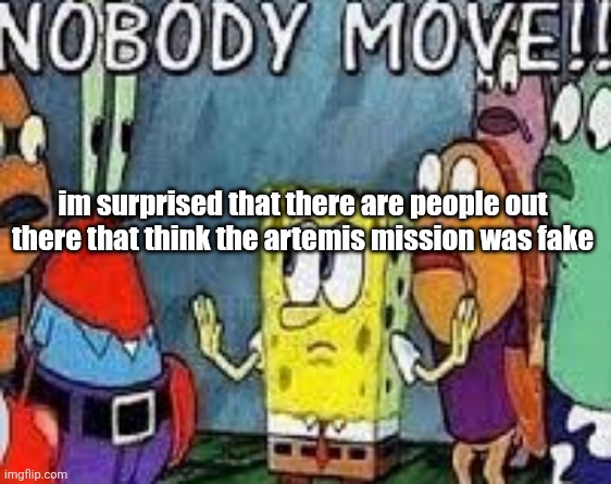 NOBODY MOVE!! | im surprised that there are people out there that think the artemis mission was fake | image tagged in nobody move | made w/ Imgflip meme maker