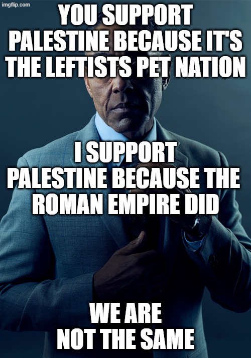 I support Palestine because the Roman empire did | You support Palestine because it's the leftists pet nation; I support Palestine because the 
Roman Empire did; We are not the same | image tagged in we are not the same,palestine,roman empire | made w/ Imgflip meme maker