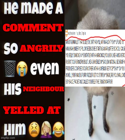 He made a statement so trash | comment angrily neighbour yelled at | image tagged in he made a statement so trash | made w/ Imgflip meme maker