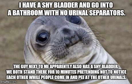 Awkward Moment Sealion Meme | I HAVE A SHY BLADDER AND GO INTO A BATHROOM WITH NO URINAL SEPARATORS. THE GUY NEXT TO ME APPARENTLY ALSO HAS A SHY BLADDER. WE BOTH STAND T | image tagged in memes,awkward moment sealion,AdviceAnimals | made w/ Imgflip meme maker