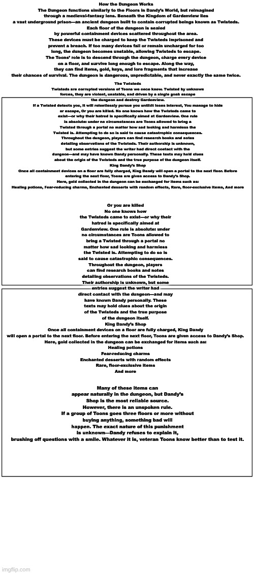 how the dungeon works Dandy's dungeon AU | How the Dungeon Works
The Dungeon functions similarly to the Floors in Dandy’s World, but reimagined through a medieval-fantasy lens. Beneath the Kingdom of Gardenview lies a vast underground prison—an ancient dungeon built to contain corrupted beings known as Twisteds.
Each floor of the dungeon is sealed by powerful containment devices scattered throughout the area. These devices must be charged to keep the Twisteds imprisoned and prevent a breach. If too many devices fail or remain uncharged for too long, the dungeon becomes unstable, allowing Twisteds to escape. The Toons’ role is to descend through the dungeon, charge every device on a floor, and survive long enough to escape. Along the way, they can find items, gold, keys, and lore fragments that increase their chances of survival. The dungeon is dangerous, unpredictable, and never exactly the same twice. Or you are killed
No one knows how the Twisteds came to exist—or why their hatred is specifically aimed at Gardenview. One rule is absolute: under no circumstances are Toons allowed to bring a Twisted through a portal no matter how sad looking and harmless the Twisted is. Attempting to do so is said to cause catastrophic consequences. Throughout the dungeon, players can find research books and notes detailing observations of the Twisteds. Their authorship is unknown, but some entries suggest the writer had direct contact with the dungeon—and may have known Dandy personally. These texts may hold clues about the origin of the Twisteds and the true purpose of the dungeon itself.
King Dandy’s Shop
Once all containment devices on a floor are fully charged, King Dandy will open a portal to the next floor. Before entering the next floor, Toons are given access to Dandy’s Shop.
Here, gold collected in the dungeon can be exchanged for items such as:
Healing potions
Fear-reducing charms
Enchanted desserts with random effects
Rare, floor-exclusive items
And more; The Twisteds
Twisteds are corrupted versions of Toons we once knew. Twisted by unknown forces, they are violent, unstable, and driven by a single goal: escape the dungeon and destroy Gardenview.
If a Twisted detects you, it will relentlessly pursue you until:It loses interest, You manage to hide or escape, Or you are killed. No one knows how the Twisteds came to exist—or why their hatred is specifically aimed at Gardenview. One rule is absolute: under no circumstances are Toons allowed to bring a Twisted through a portal no matter how sad looking and harmless the Twisted is. Attempting to do so is said to cause catastrophic consequences. Throughout the dungeon, players can find research books and notes detailing observations of the Twisteds. Their authorship is unknown, but some entries suggest the writer had direct contact with the dungeon—and may have known Dandy personally. These texts may hold clues about the origin of the Twisteds and the true purpose of the dungeon itself.
King Dandy’s Shop
Once all containment devices on a floor are fully charged, King Dandy will open a portal to the next floor. Before entering the next floor, Toons are given access to Dandy’s Shop.
Here, gold collected in the dungeon can be exchanged for items such as: Healing potions, Fear-reducing charms, Enchanted desserts with random effects, Rare, floor-exclusive items, And more; Many of these items can appear naturally in the dungeon, but Dandy’s Shop is the most reliable source.
However, there is an unspoken rule.
If a group of Toons goes three floors or more without buying anything, something bad will happen. The exact nature of this punishment is unknown—Dandy refuses to explain it, brushing off questions with a smile. Whatever it is, veteran Toons know better than to test it. | image tagged in dandy's world,dandy's dungeon,au | made w/ Imgflip meme maker