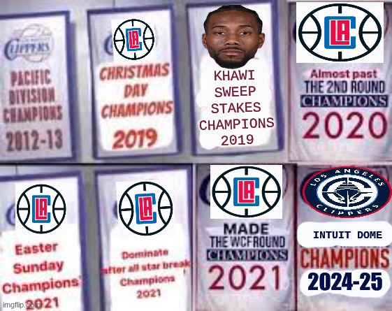 clippers meme | khawi sweep stakes champions
2019; intuit dome; 2024-25 | image tagged in clippers,la,lakers,nba memes,nba,sports | made w/ Imgflip meme maker