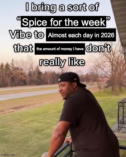 Yup... true that... | Spice for the week; Almost each day in 2026; the amount of money I have | image tagged in i bring a sort of x vibe to the y | made w/ Imgflip meme maker
