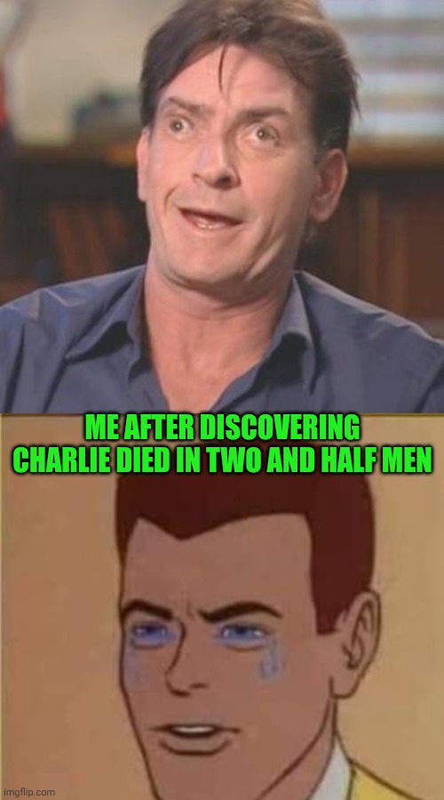 Me after discovering Charlie died in two and half men | image tagged in charlie sheen derp,peter parker reading book crying | made w/ Imgflip meme maker