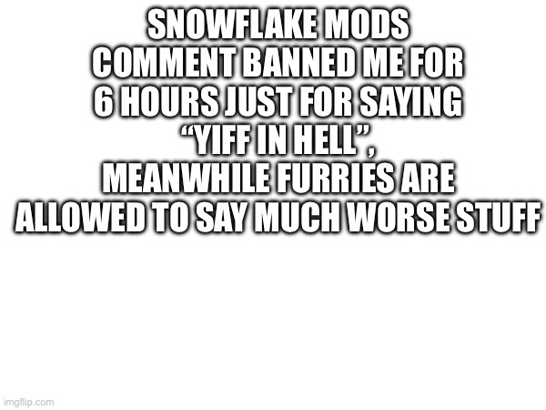 snowflake mods comment banned me for 6 hours just for saying “yiff in hell”, meanwhile furries are allowed to say much worse stuff | made w/ Imgflip meme maker