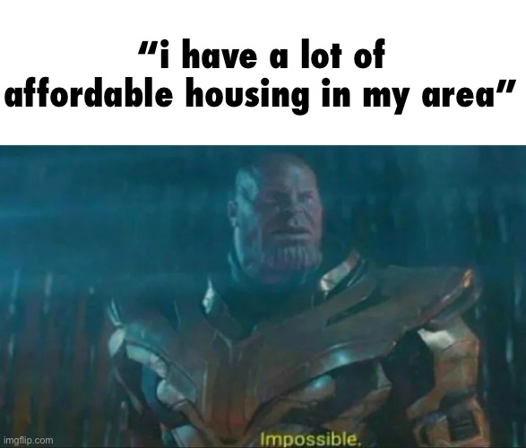 Thanos Impossible | “i have a lot of affordable housing in my area” | image tagged in thanos impossible | made w/ Imgflip meme maker