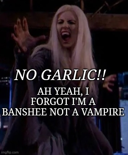 Screaming Banshee | Ah yeah, I forgot i'm a banshee not a vampire; No garlic!! | image tagged in screaming banshee | made w/ Imgflip meme maker