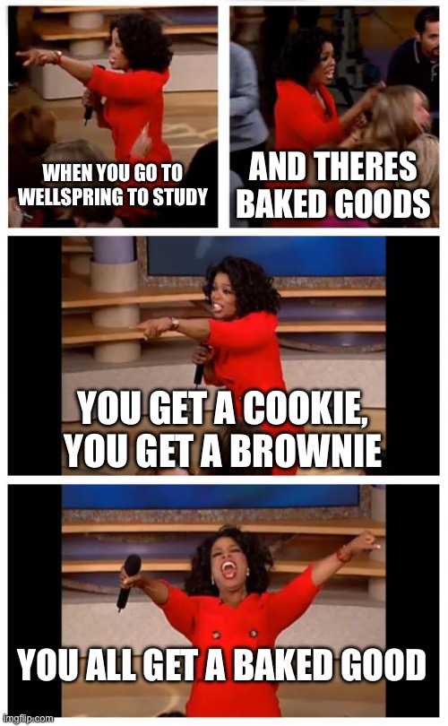 Stfx memes | When you go To wellspring to study; and theres baked goods; you get a cookie, you get a brownie; You all get a baked good | image tagged in memes,oprah you get a car everybody gets a car | made w/ Imgflip meme maker