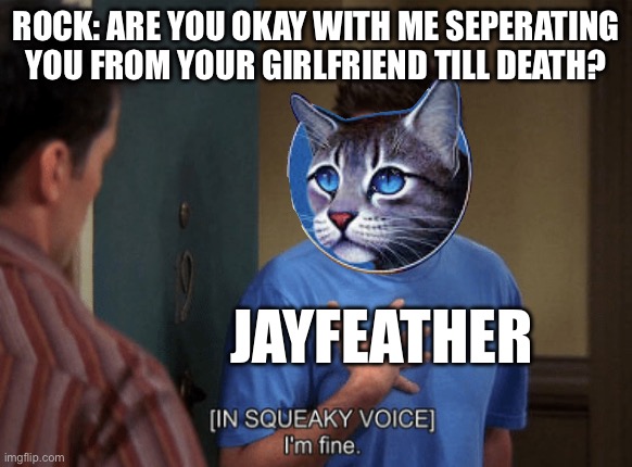 Poor Jayfeather | Rock: are you okay with me seperating you from your girlfriend till death? Jayfeather | image tagged in ross i m fine | made w/ Imgflip meme maker