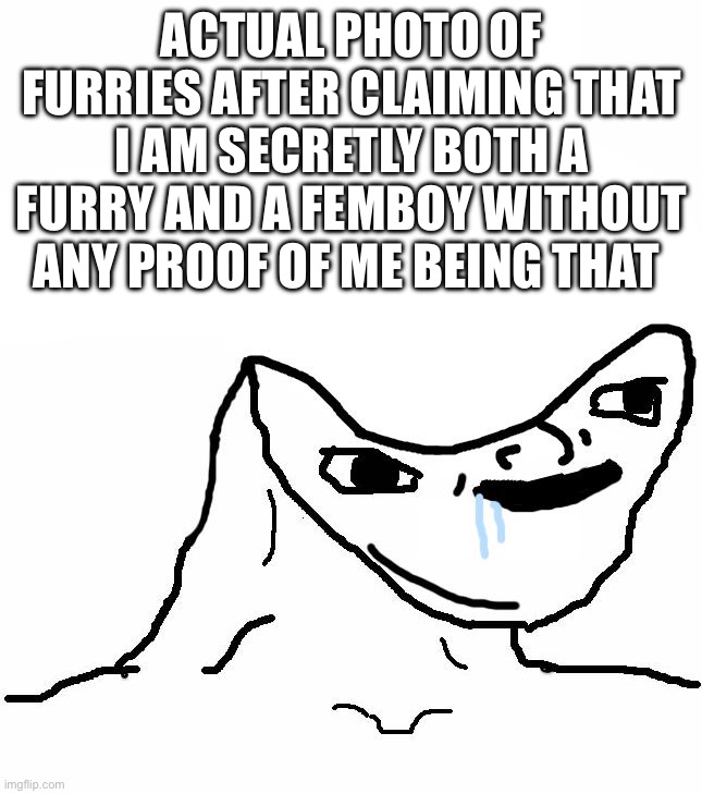 (they don’t know i am against both things) | actual photo of furries after claiming that i am secretly both a furry and a femboy without any proof of me being that | image tagged in retard wojak | made w/ Imgflip meme maker