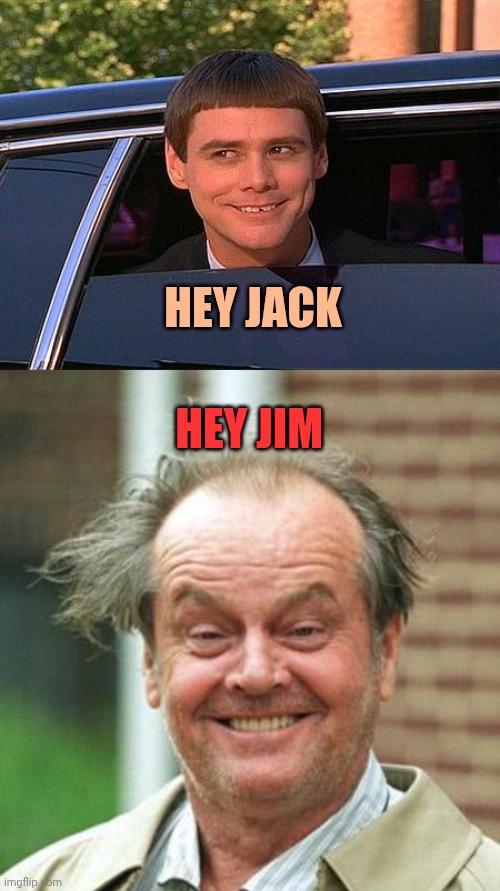 Why we don't have a movie with them together?! | Hey Jack; Hey Jim | image tagged in jim carrey meme,jack nicholson crazy hair | made w/ Imgflip meme maker