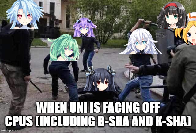 When fighting against them with Uni alone | When Uni is facing off CPUs (Including B-sha and K-Sha) | image tagged in beat up | made w/ Imgflip meme maker