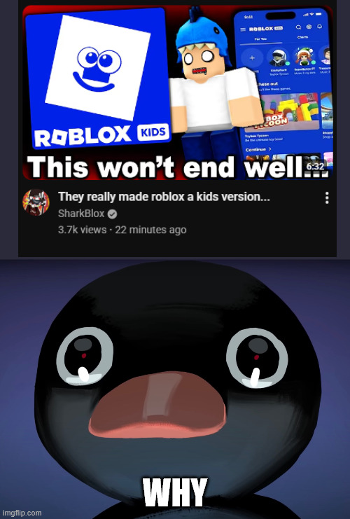 anticipating an immediate crash and burn (there's also roblox selects, like huh?!) | why | image tagged in pingu stare,roblox | made w/ Imgflip meme maker