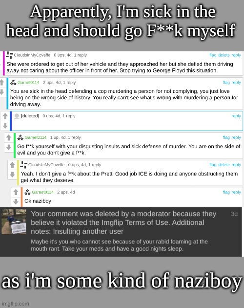 Apparently, I'm sick in the head and should go F**k myself as i'm some kind of naziboy | made w/ Imgflip meme maker