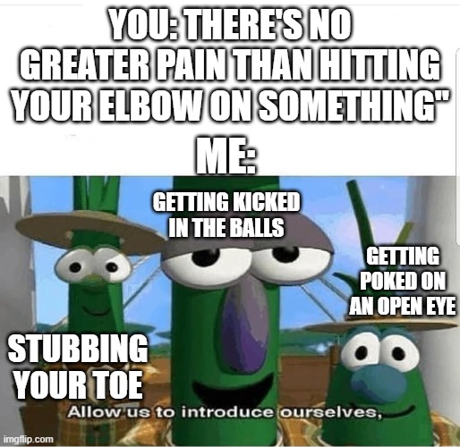 Allow us to introduce ourselves | you: there's no greater pain than hitting your elbow on something" me: stubbing your toe getting poked on an open eye getting kicked in the  | image tagged in allow us to introduce ourselves | made w/ Imgflip meme maker