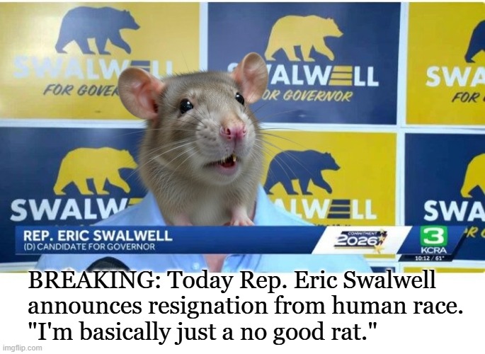 Is he done yet? | BREAKING: Today Rep. Eric Swalwell announces resignation from human race.
"I'm basically just a no good rat." | image tagged in congress,conservatives,political meme | made w/ Imgflip meme maker