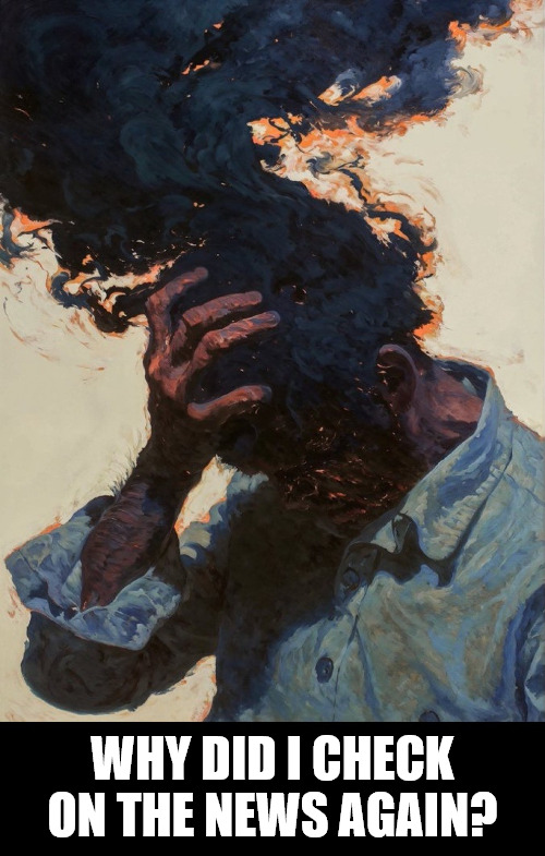 Overthinking by Henry Daubrez | why did i check on the news again? | image tagged in fake news,lol,dank memes,funny meme,art | made w/ Imgflip meme maker