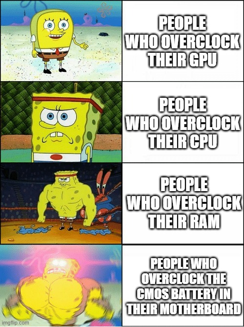 Which do you overclock? I overclock my RAM. | People who overclock their gpu; People who overclock their cpu; People who overclock their ram; People who overclock the CMOS battery in their motherboard | image tagged in sponge finna commit muder | made w/ Imgflip meme maker