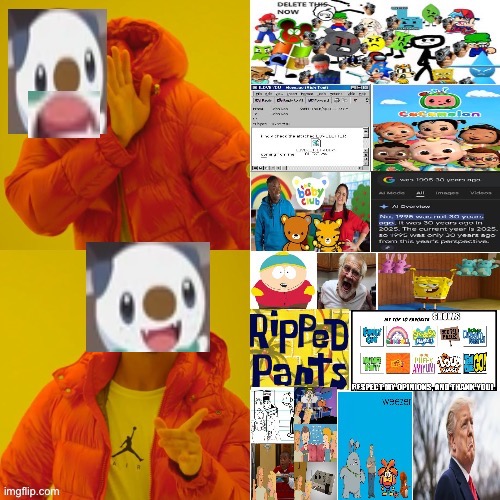 Oshawatt dislikes toddler cringe and likes OG stuff. | image tagged in pokemon,drake hotline bling,edit,eric cartman,spongebob,donald trump | made w/ Imgflip meme maker