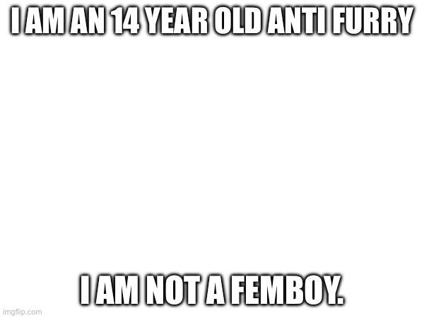 i am an 14 year old anti furry; i am not a femboy. | made w/ Imgflip meme maker
