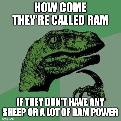 Tech humor | How come they’re called ram; If they don’t have any sheep or a lot of ram power | image tagged in raptor asking questions | made w/ Imgflip meme maker