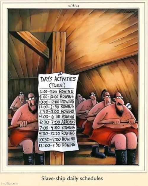 Nice to see that they have an exercise program… | image tagged in the far side,comics,slave ship,schedule,daily,aerobics | made w/ Imgflip meme maker