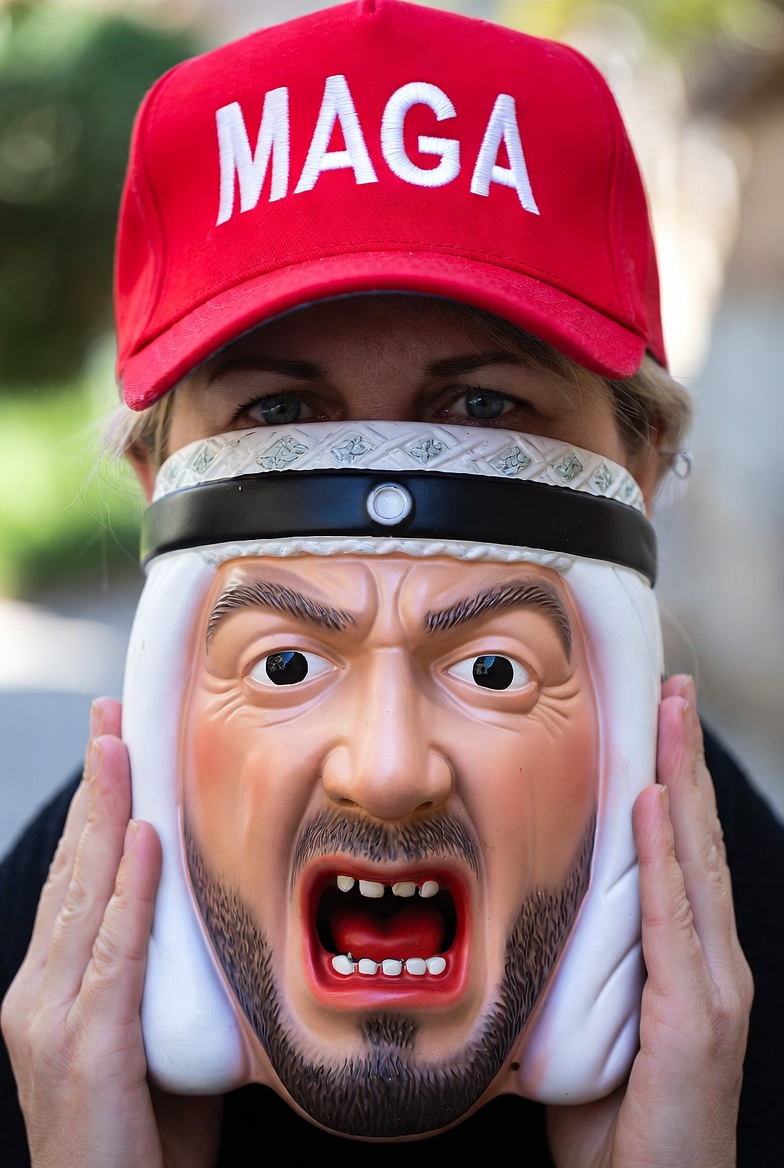 MAGA woman mask raging brown man arab iranian Blank Meme Template