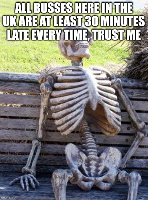 . | All busses here in the UK are at least 30 minutes late every time, trust me | image tagged in memes,waiting skeleton | made w/ Imgflip meme maker