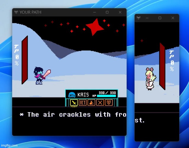 What Deltarune could be if Toby locked in: | image tagged in deltarune,weird route,the air crackles with frost,it'd be wonky on console,but i think it could work | made w/ Imgflip meme maker