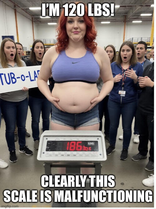 Obese woman being weighed in public | I’m 120 lbs! Clearly this scale is malfunctioning | image tagged in obese woman being weighed in public | made w/ Imgflip meme maker