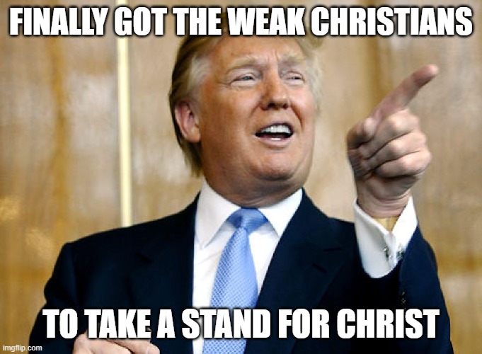 Donald Trump Pointing | finally got the weak Christians; to take a stand for Christ | image tagged in donald trump pointing | made w/ Imgflip meme maker