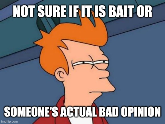 Futurama Fry Meme | Not sure if it is bait or; someone's actual bad opinion | image tagged in memes,bait,opinion | made w/ Imgflip meme maker
