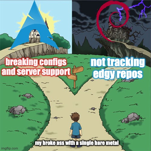 Two Paths | not tracking edgy repos; breaking configs and server support; my broke ass with a single bare metal | image tagged in two paths,remix | made w/ Imgflip meme maker