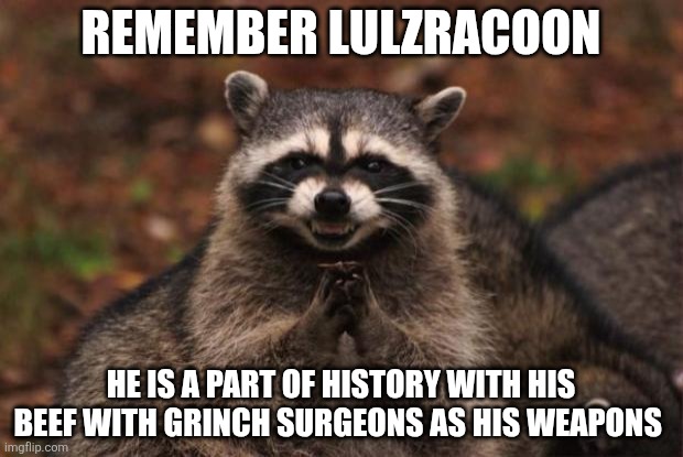 evil genius racoon | Remember lulzracoon; He is a part of history with his beef with grinch surgeons as his weapons | image tagged in evil genius racoon | made w/ Imgflip meme maker
