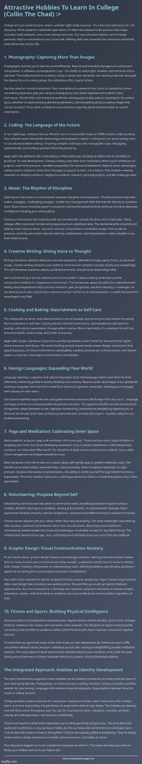 Attractive Hobbies To Learn In College >:> | image tagged in simothefinlandized,hobbies,college,collin the chad,infographic,tutorial | made w/ Imgflip meme maker
