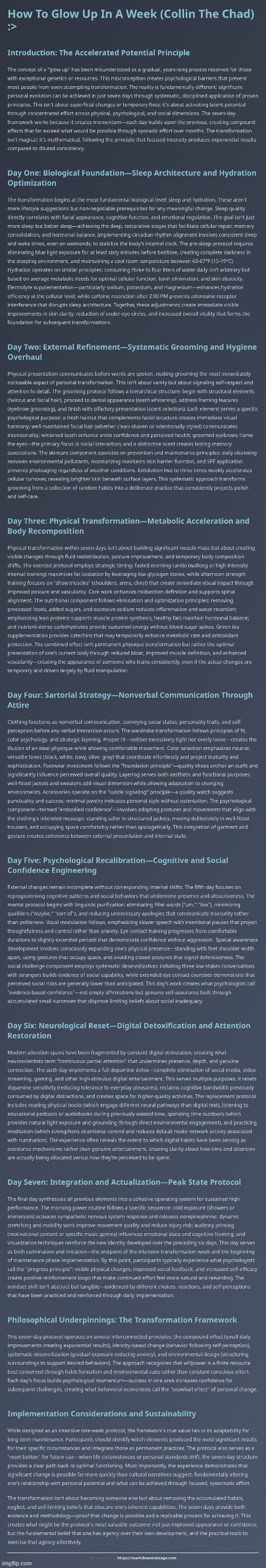 How To Glow Up In A Week :> | image tagged in simothefinlandized,college glow up,collin the chad,infographic,tutorial | made w/ Imgflip meme maker