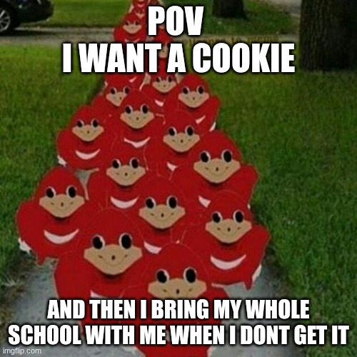 Ugandan knuckles army | POV 
I WANT A COOKIE; AND THEN I BRING MY WHOLE SCHOOL WITH ME WHEN I DONT GET IT | image tagged in ugandan knuckles army | made w/ Imgflip meme maker