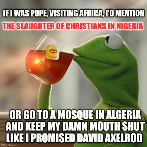 Ayatollah Leo XIV Visits Algeria | If I was Pope, visiting Africa, I'd mention; The slaughter of Christians in Nigeria; Or go to a mosque in Algeria and keep my damn mouth shut like I promised David Axelrod | image tagged in memes,but that's none of my business,kermit the frog,the pope,radical islam,political meme | made w/ Imgflip meme maker