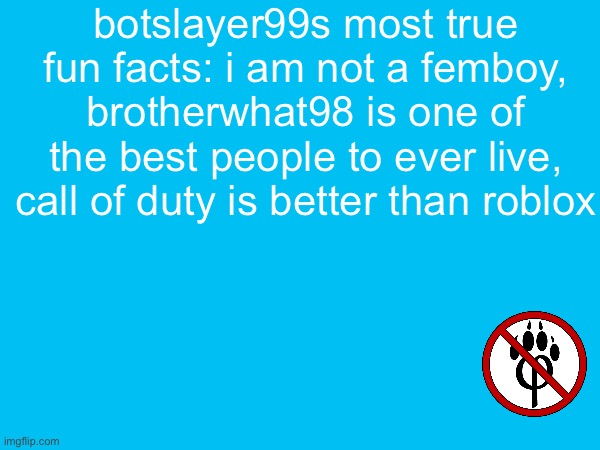 botslayer99s most true fun facts: i am not a femboy, brotherwhat98 is one of the best people to ever live, call of duty is better than roblox | made w/ Imgflip meme maker