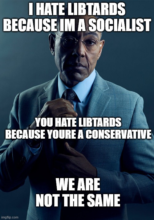 Gus Fring we are not the same | i hate libtards because im a socialist; you hate libtards because youre a conservative; we are not the same | image tagged in gus fring we are not the same | made w/ Imgflip meme maker
