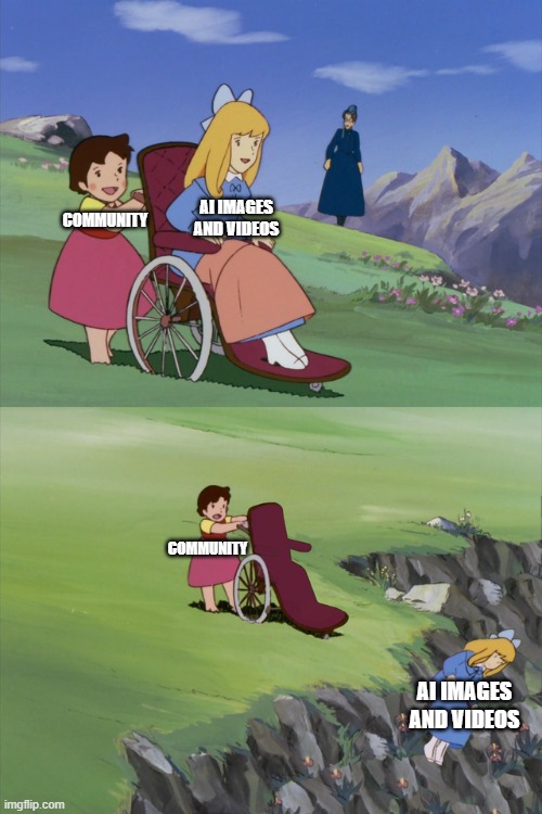 AI vs Community | AI Images and Videos; Community; Community; AI Images and Videos | image tagged in heidi throws clara off cliff | made w/ Imgflip meme maker