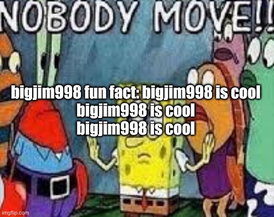 NOBODY MOVE!! | bigjim998 fun fact: bigjim998 is cool
bigjim998 is cool
bigjim998 is cool | image tagged in nobody move | made w/ Imgflip meme maker