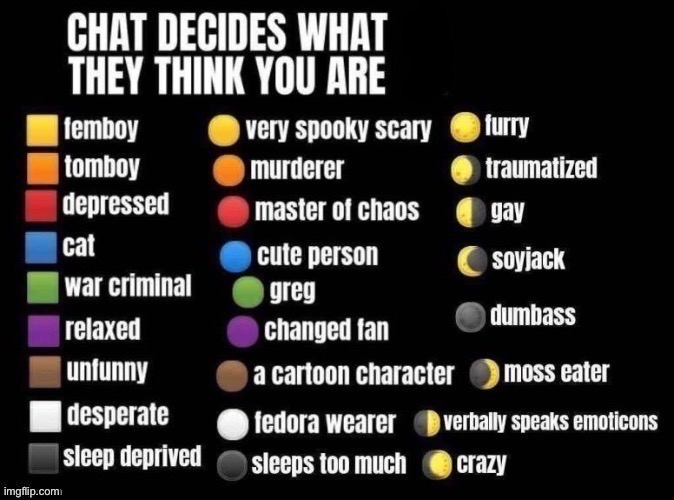 Im back................................... | image tagged in chat decides what they think you are | made w/ Imgflip meme maker
