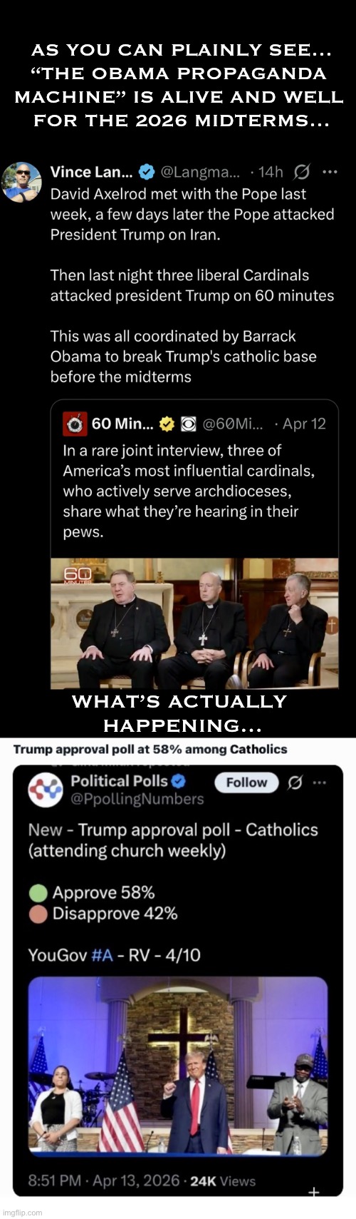 Aka, “the usual Democrat bullshit”… | As you can plainly see…
“The Obama propaganda 
machine” is alive and well 
for the 2026 midterms…; What’s actually 
happening… | image tagged in police,president trump,catholics,liberals,propaganda,whats actually happening | made w/ Imgflip meme maker