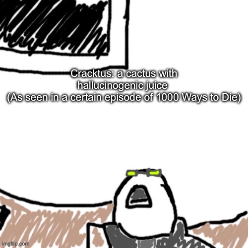 The Aggressive Combatant | Cracktus: a cactus with hallucinogenic juice 
(As seen in a certain episode of 1000 Ways to Die) | image tagged in the aggressive combatant | made w/ Imgflip meme maker