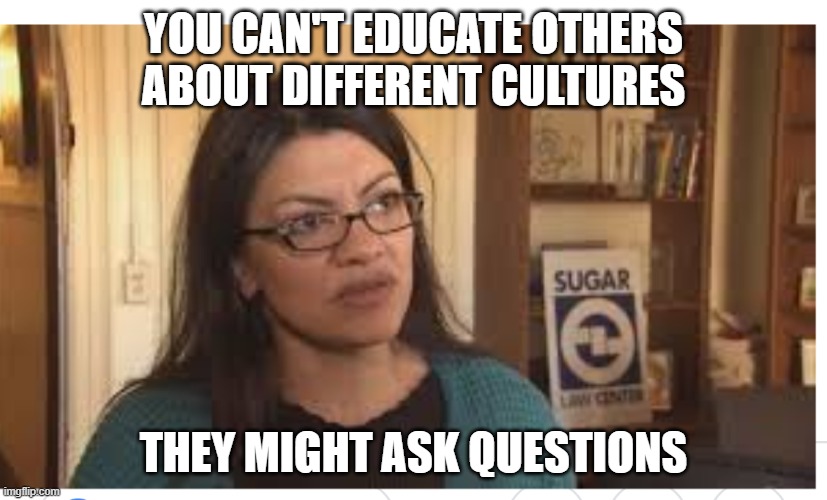 Rashida Tlaib | you can't educate others about different cultures they might ask questions | image tagged in rashida tlaib | made w/ Imgflip meme maker