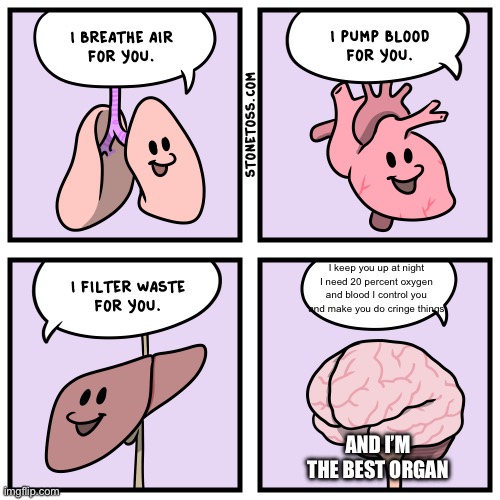 I BREATHE AIR FOR YOU. | I keep you up at night I need 20 percent oxygen and blood I control you and make you do cringe things; And I’m the best organ | image tagged in i breathe air for you,memes | made w/ Imgflip meme maker